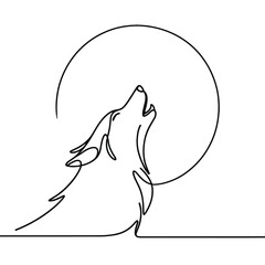 One Line Wolf Howling at Full Moon Illustration in Minimalist Art Style