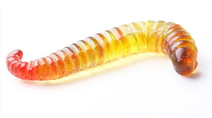 Vibrant gummy worms in bright yellow and red lie on a clean white surface, showcasing their unique, chewy texture and delightful, sugary sheen. Ideal for sweet cravings or festive gatherings