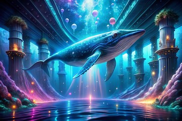 Mesmerizing 3D Whale in Ethereal Ocean Depths: Architectural Underwater Photography