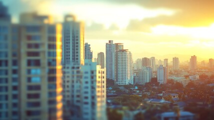Fototapeta premium Urban skyline glows under golden sunset as light dances across modern high-rises, symbolizing the dynamic pulse and beauty of city life.