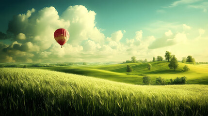 Fototapeta premium Serene Hot Air Balloon Ride Over Rolling Green Hills