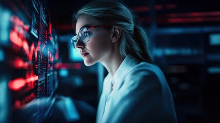 A female scientist with glasses examines data on her computer in vibrant futuristic digital art, medical doctor reviews innovative medical analysis tools