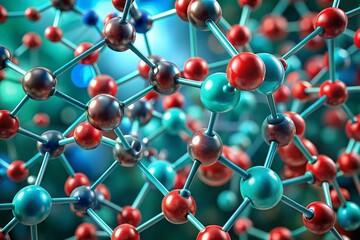 Microscopic 3D Molecular Structure: Vibrant Red & Teal Atoms, Abstract Scientific Visualization