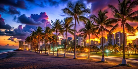 Obraz premium Miami Beach Summer Night: Vibrant South City Skyline & Palm Trees