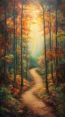 Obraz premium A picturesque autumn forest scene with rays of sunlight filtering through the leaves 