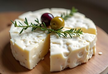 Fresh brie cheese on a wooden board.
