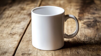 A simple white mug on a well-worn wooden surface, inviting in its bare minimalism and everyday comfort.