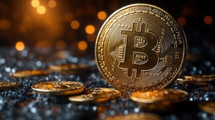 Close up of Golden Bitcoin Cryptocurrency Coin on Dark Glittery Surface