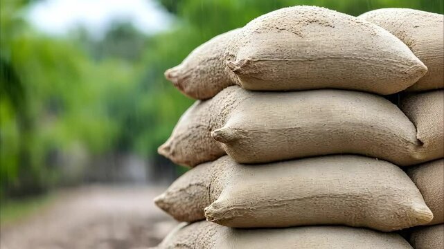 A stack of burlap sacks is placed in a natural setting, possibly indicating storage or transport of goods.