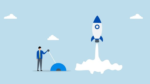 Start your own business, 4k animation of driven entrepreneur businessman activates lever to send rocket into the air 