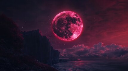 Fototapeta premium blood-red lunar eclipse, with Earth's shadow casting a deep crimson hue over the full Moon, creating an eerie yet captivating celestial sight.