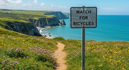 Obraz premium Coastal Path Leading to Ocean View with Bicycle Warning Sign