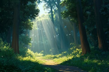 Obraz premium Serene Forest Scene with Sunlight Filtering Through Trees