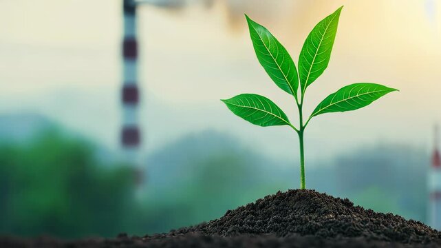 Green Plant Growing in Soil Against Blurred Industrial Background Symbolizing Decarbonization and Sustainable Growth Concepts