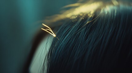 A glowing strand of light dances atop dark hair, creating a magical, luminous effect in this captivating scene.