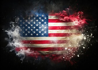 Dramatic backlit silhouette of an American flag, white splash accents, celebrating Independence Day with patriotic fervor.