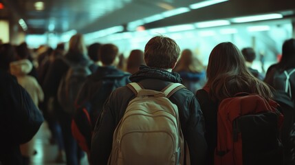 A pair of youths with backpacks walk through a crowded, dimly lit subway station, exuding urban energy and transit hustle.
