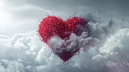 A heart made of red hearts floating in the sky, surrounded by clouds