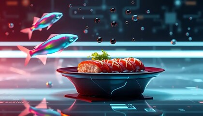 Cyberpunk sushi presentation with neon fish and digital backdrop