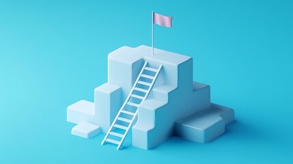 Minimalist 3D Block Structure with Ladder and Flag, A minimalist 3D illustration of a blue block structure with a ladder leading to a pink flag on top
