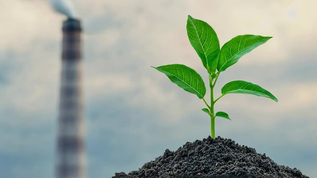 Green Plant Symbolizing Decarbonization and Sustainable Future with Focus on Environmental Responsibility and Climate Change Mitigation in Industrial Background
