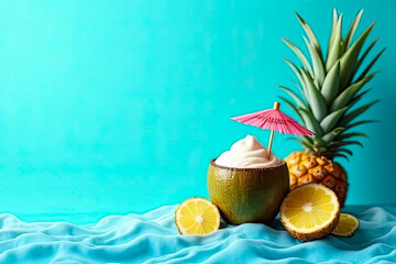 Tropical Coconut Cocktail with Whipped Cream, Pineapple, and Lemon on a Vibrant Blue Background, Refreshing Summer Drink, Exotic Beach Vibes, Perfect for Relaxation and Vacation