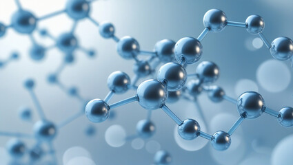 Realistic 3D Scientific Illustration of Molecules – Metallic Blue Atoms on Light Blue Bokeh Background