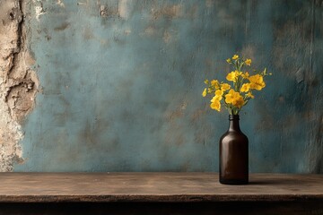 Rustic Still Life with Wildflowers in Brown Bottle Against Weathered Blue Wall
