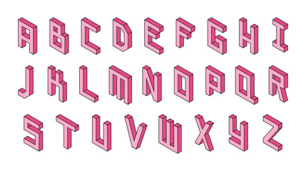 Pink 3D isometric letters. Retro font.