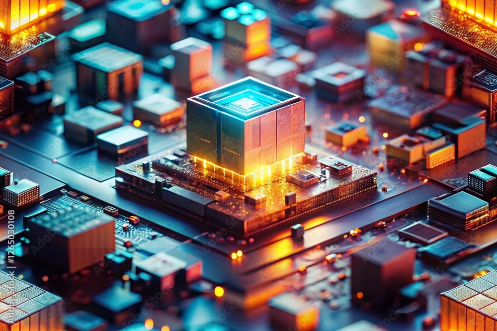 Poster miniature tech grid: binary code & circuit board tilt-shift stock photo