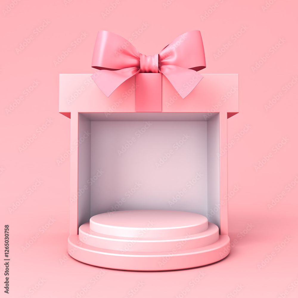 Poster blank round podium pedestal in sweet exhibition booth gift box product display mockup showcase stand