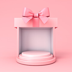 Blank round podium pedestal in sweet exhibition booth gift box product display mockup showcase stand with pink pastel color ribbon bow isolated on light pink background minimal conceptual 3D rendering