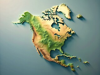 Minimalist 3D Extruded Map of North America:  Central America Included, Continent Relief