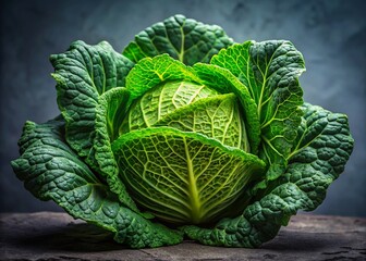 Fototapeta premium Minimalist Abstract Cabbage: Green Leaves on Gray Background - Stock Photo