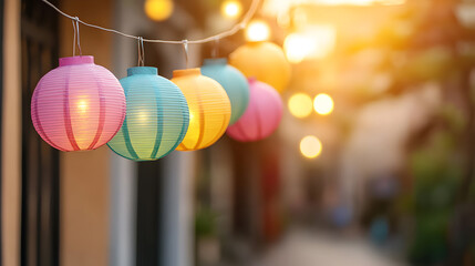 Naklejka premium Colorful paper lanterns hanging on a string glowing warmly against a blurred sunset background. Perfect for festival promotions, decoration ideas, and event planning. Selective focus