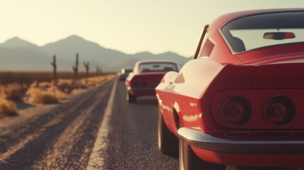 Fototapeta premium Vintage cars line the desert road, their polished surfaces gleaming in the sunlight, evoking nostalgia and the thrill of a bygone road adventure.