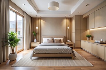 Minimalist Beige Bedroom Interior Architecture Stock Photo