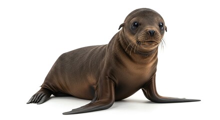 Obraz premium Adorable Sea Lion Pup Sitting - Cute Baby Marine Mammal Isolated on White Background Studio Shot.