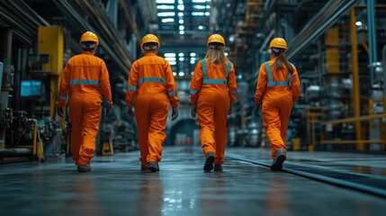 Group of Female Workers in Orange Overalls Walking in Industrial Warehouse with Helmets and Safety Gear on a Bright Day