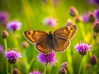Naklejka premium Minimalist Brown Butterfly on Purple Flower in Green Meadow