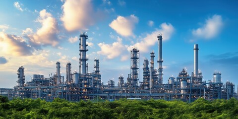 Fototapeta premium Industrial Complex with Tall Structures Against a Clear Sky and Lush Greenery at Sunset in an Urban Environment