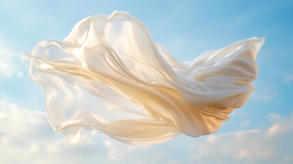 A gossamer white fabric dances in the sky against a soft blue backdrop, evoking freedom and lightness.