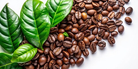 Obraz premium Minimalist Coffee Beans and Green Leaves on White Background - Perfect for Coffee Shop Branding