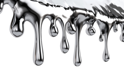 Liquid silver, dripping drops of silver on transparent