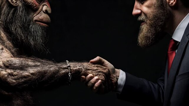 A striking businessman in a suit shaking hands with a humanoid Neanderthal highlighting the contrast between modernity and ancient humanity.