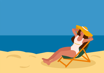 Young woman in swimsuit and straw hat sunbathing on beach, sitting by sea in deck chair - vector color flat illustration for banners, postcards, posters, flyers