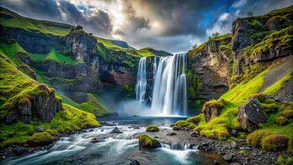 Langarfoss Waterfall's dramatic power, captured with a rule-of-thirds composition, creates a majestic Icelandic landscape photograph.