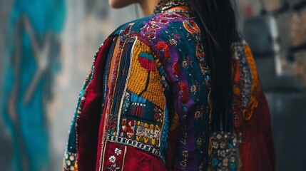 Adorned in a richly embroidered colorful jacket, a person stands against a rustic wall, showcasing intricate patterns and cultural elegance.