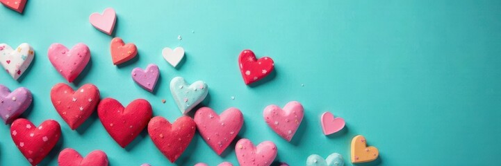 Fototapeta premium Pile of conversation hearts on turquoise backdrop, heart shaped candy, blue