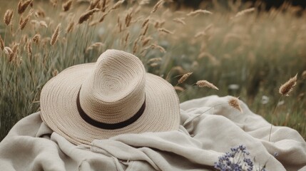 A straw hat rests amid a wild field of tall grasses, surrounded by nature's tranquility and simple summer beauty.